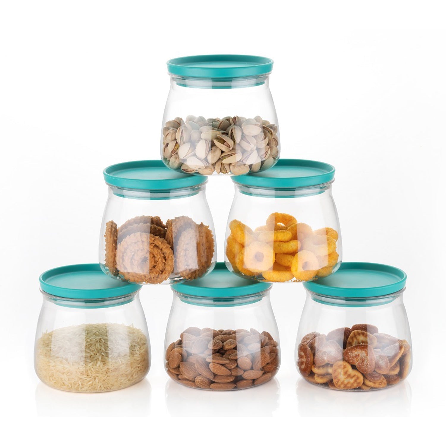 Multicolour matka-shaped jar set with leak-proof lids Multicolour matka-shaped jar set with leak-proof lids